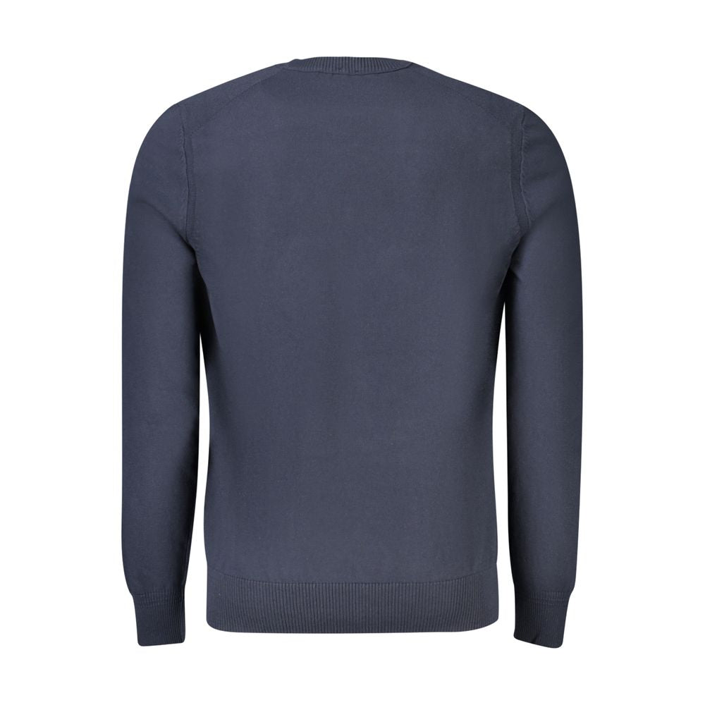 Hugo Boss Blue Cotton Sweater, long-sleeved T-shirt with crew neck, embroidery, logo, back view