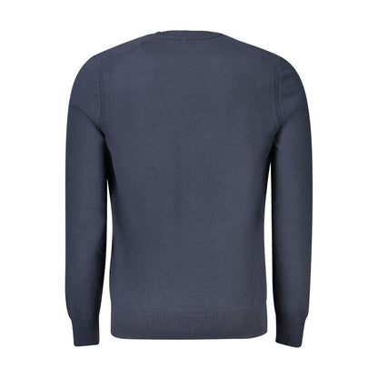 Hugo Boss Blue Cotton Sweater, long-sleeved T-shirt with crew neck, embroidery, logo, back view