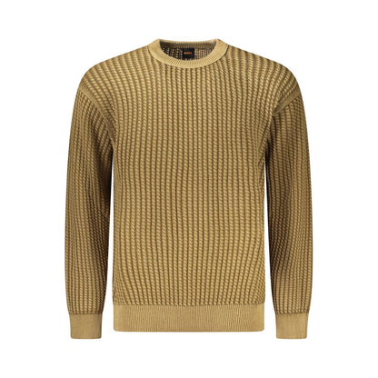 Hugo Boss Brown Cotton Men Sweater with long sleeves and crew neck showcasing luxury and comfort.