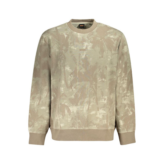 Hugo Boss Brown Cotton Men Sweater with embroidery and contrasting details, featuring brushed interior for ultimate comfort.