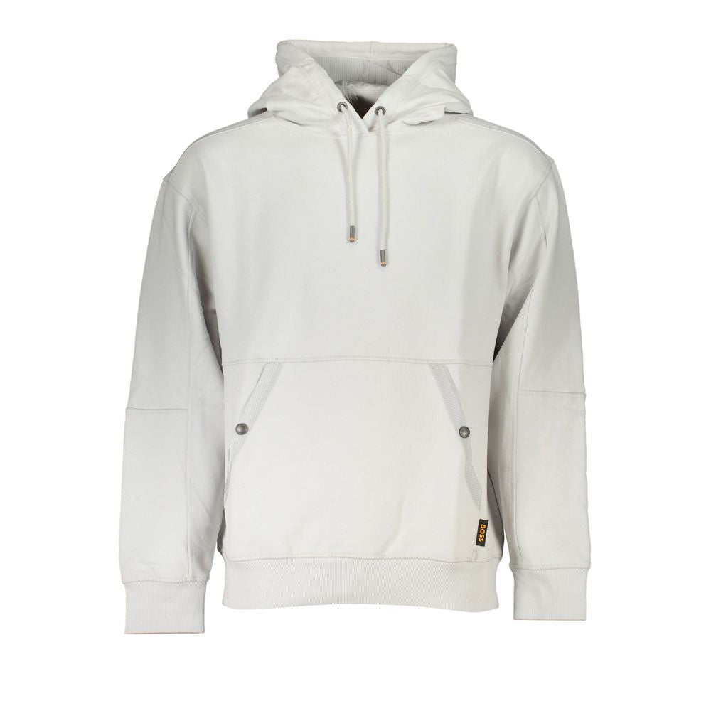 Hugo Boss Gray Cotton Men Sweater with hood and pocket, exuding sophistication and style for luxury casual wear.