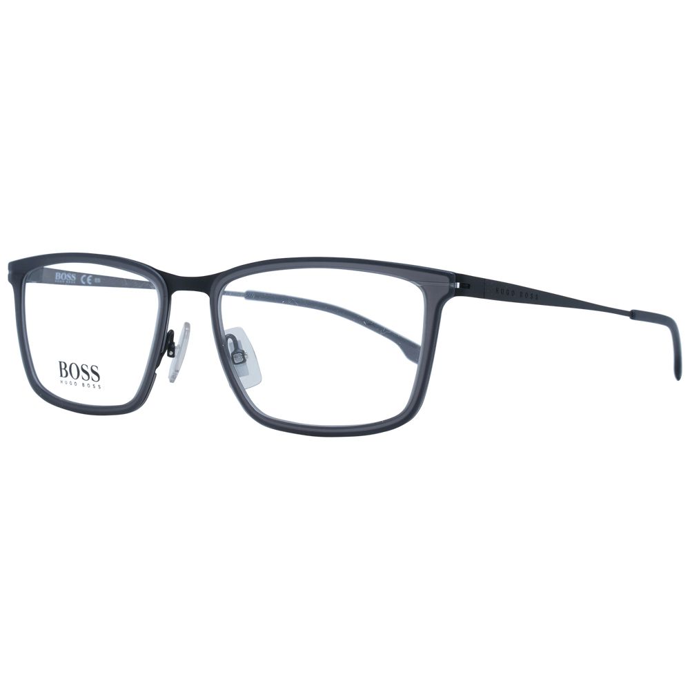 Hugo Boss Gray Men Glasses Frame in stainless steel, full-rim rectangle style, demo lenses, includes branded case.