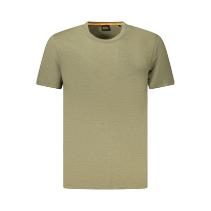 Hugo Boss Green Cotton Men T-Shirt with short sleeves, crew neck, and iconic logo for contemporary fashion.