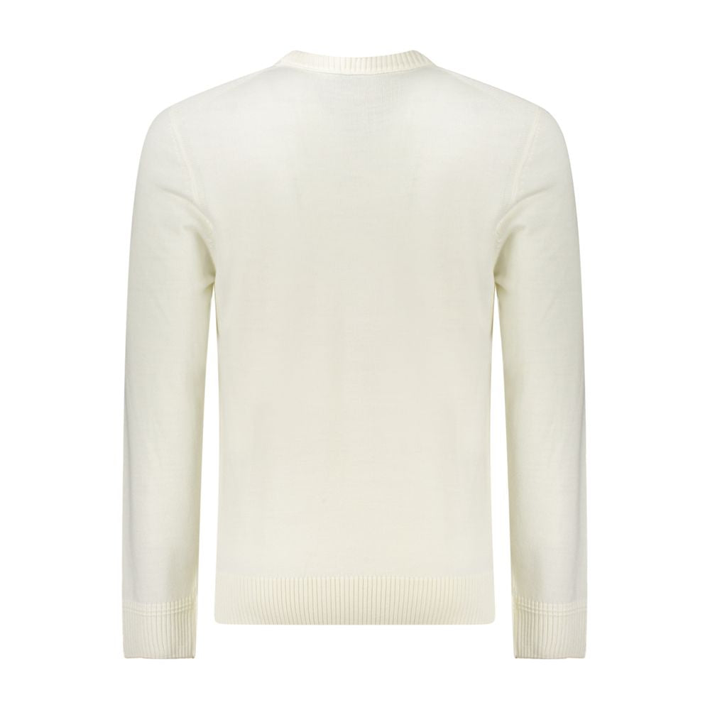 Back view of Hugo Boss White Wool Men Sweater showcasing minimalist design and luxury knitwear craftsmanship.