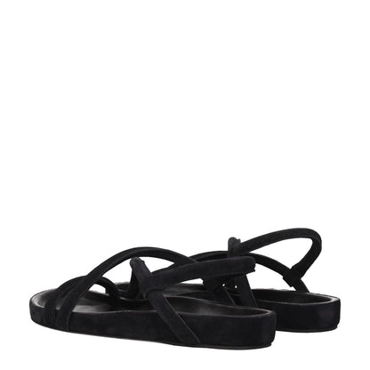 Isabel Marant Black Leather Flat Sandals with suede straps and open toe design, showcasing casual style and aged effect.