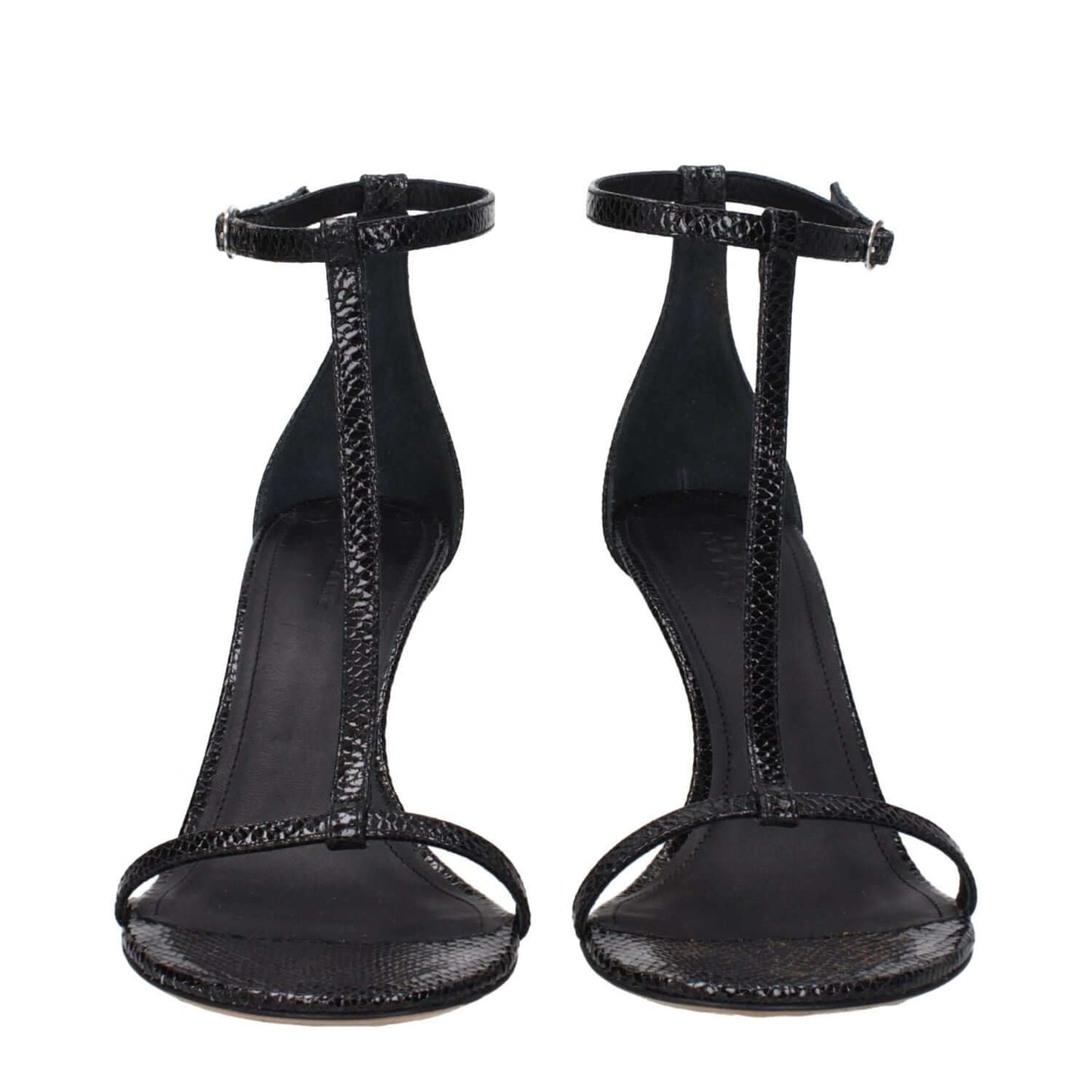 Isabel Marant Black Leather Stiletto Heel Sandals with suede straps and leather sole, featuring an open toe and self-tie closure.
