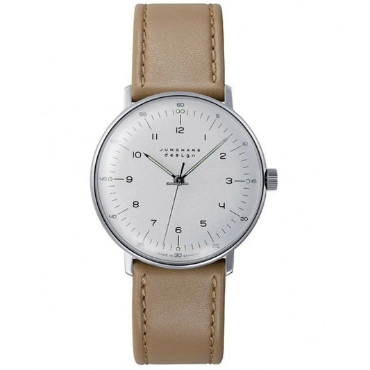 JUNGHANS MOD. 027_3701-02 wristwatch with beige leather strap and minimalist design.