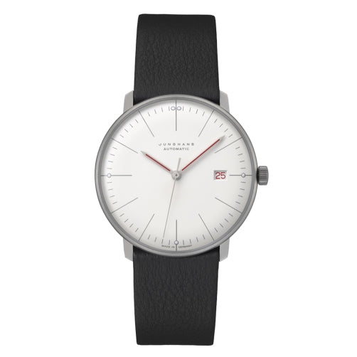 JUNGHANS MOD. 027_4009-02 watch featuring a minimalist design with a white dial and black leather strap.
