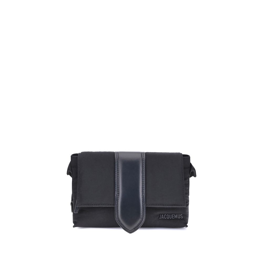 Jacquemus Black Nylon Handbag with leather handle and magnetic flap, showcasing modern messenger style.