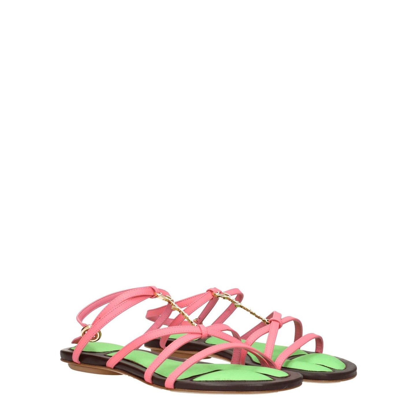 Jacquemus Pink Leather Flat Sandals with buckle closure and open toe design, featuring a low heel and leather sole.