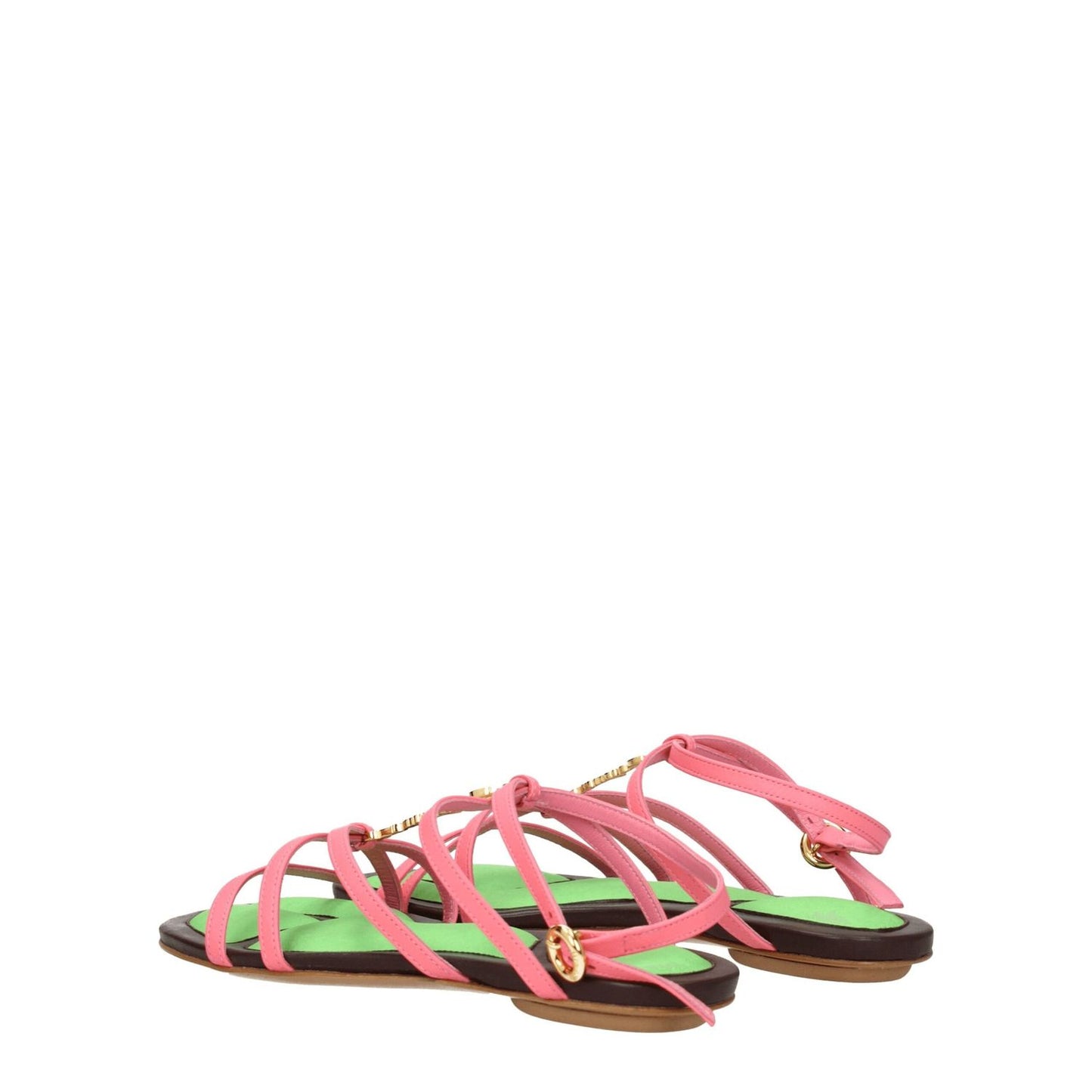 Jacquemus Pink Leather Flat Sandals with open toe, buckle closure, gold accents, and leather sole.