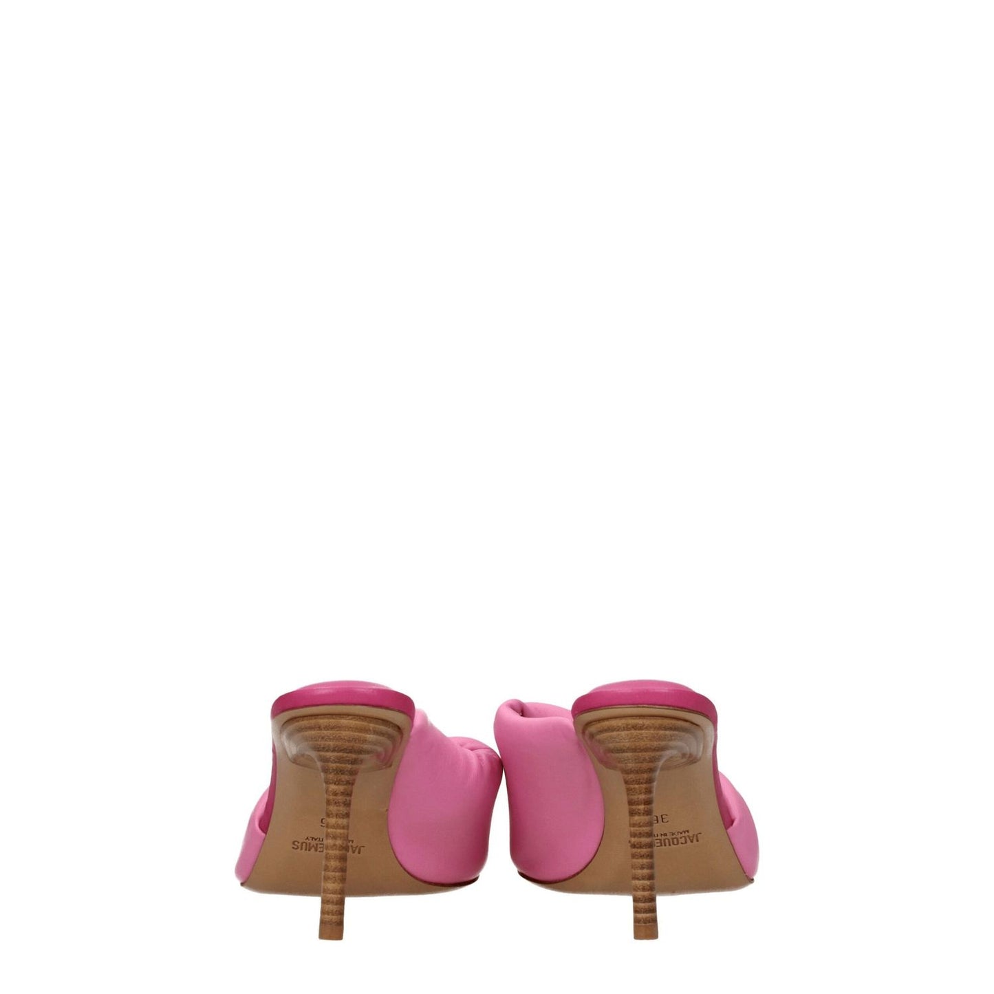 Back view of Jacquemus Pink Leather Stiletto Heel Sandals with open toe design and 8.5 cm mid heels, showcasing leather sole.