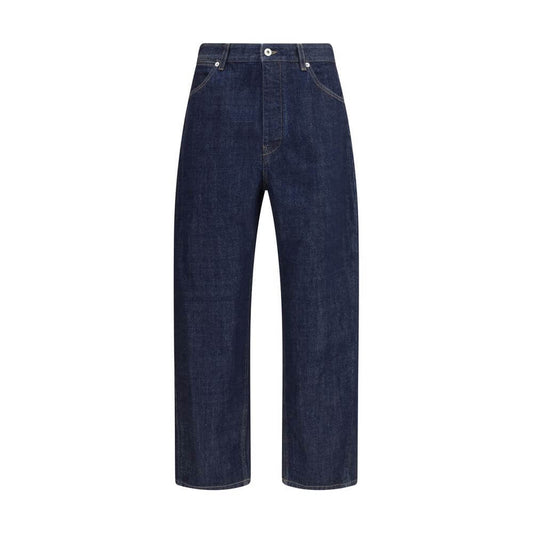 Jil Sander Blue Cotton Straight-Leg Jeans with five-pocket design, waist belt loops, and concealed button closure for minimal timeless look.