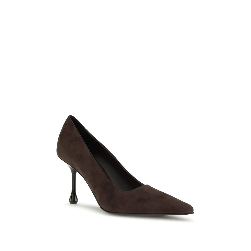 Jimmy Choo Brown Leather High Heel Pumps with suede finish and unique drop heel design, part of AW25 collection.