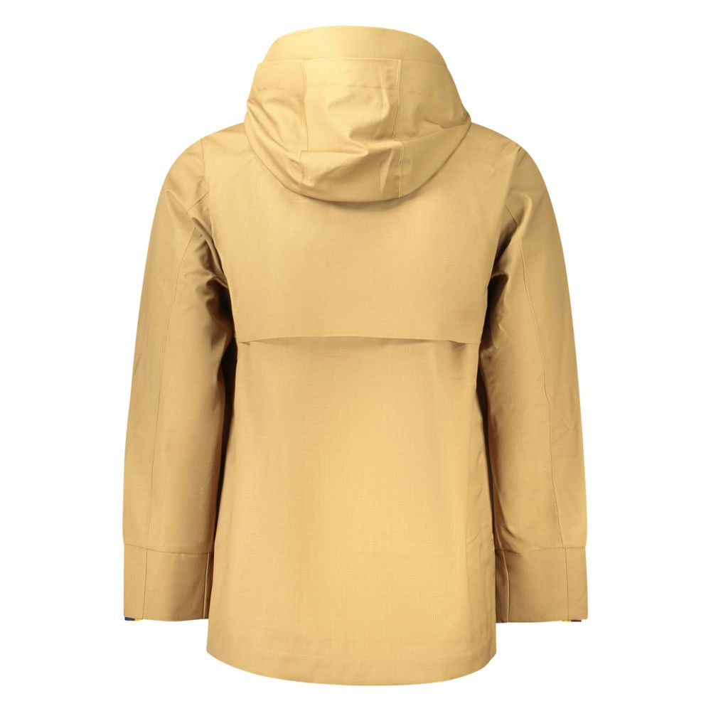 Back view of a beige hooded jacket showcasing its design and structure, with a clean and minimalistic appearance against a plain background.