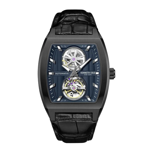 KENNETH COLE WATCHES Mod. KCWGX0058802 automatic watch with black leather strap and intricate dial design.