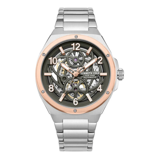 KENNETH COLE WATCHES Mod. KCWGY0080301 with silver and gold accents showcasing exposed clockwork design on stainless steel bracelet.