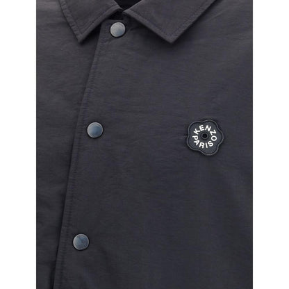 Kenzo Black Nylon Bomber reversible jacket with Boke Flower 2.0 rubber logo and metal button closure, showcasing iconic style.