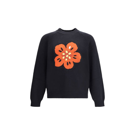 Kenzo Boke Flower Sweater with embroidered Boke Flower design on black cotton blend, featuring raglan sleeves and ribbed crew neck.