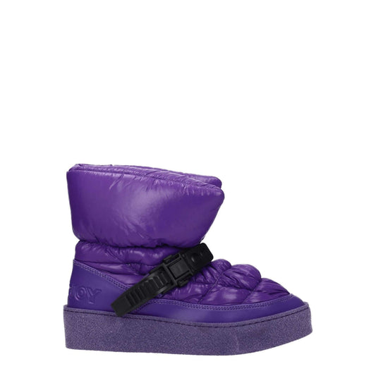 Khrisjoy Purple Polyester Ankle Boots with back logo and clips closure, featuring a mid heel and round toe design.