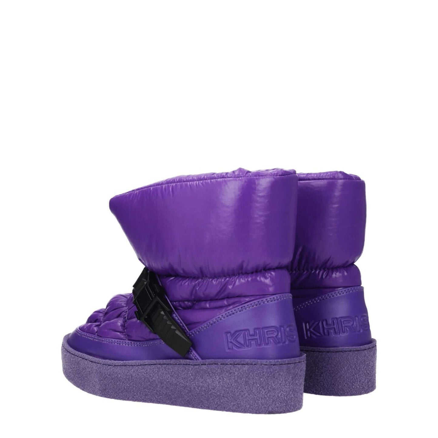 Khrisjoy Purple Polyester Ankle Boots with back logo, casual style, suede material, rubber sole, mid heels, designed for fashion-forward appeal.