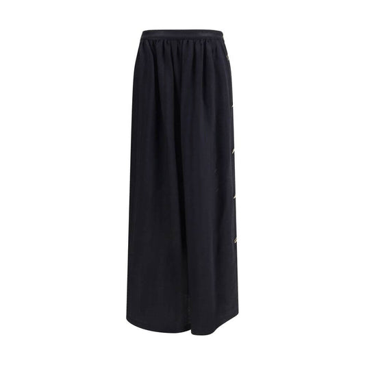 Kristina Ti Black Fleece Wool Long Skirt with golden geometric buttons on side closure, semi-wheeled design, elegant and timeless style.