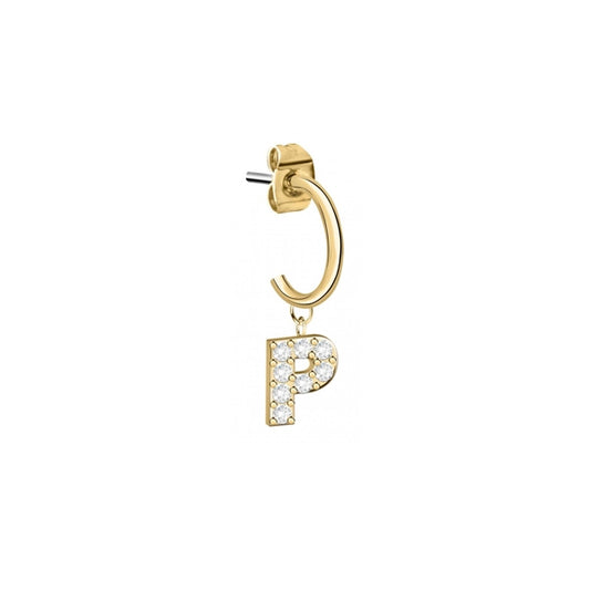 LA PETITE STORY JEWELRY Mod. LPS02ARQ72 gold hoop earring with letter P charm, studded with clear stones.