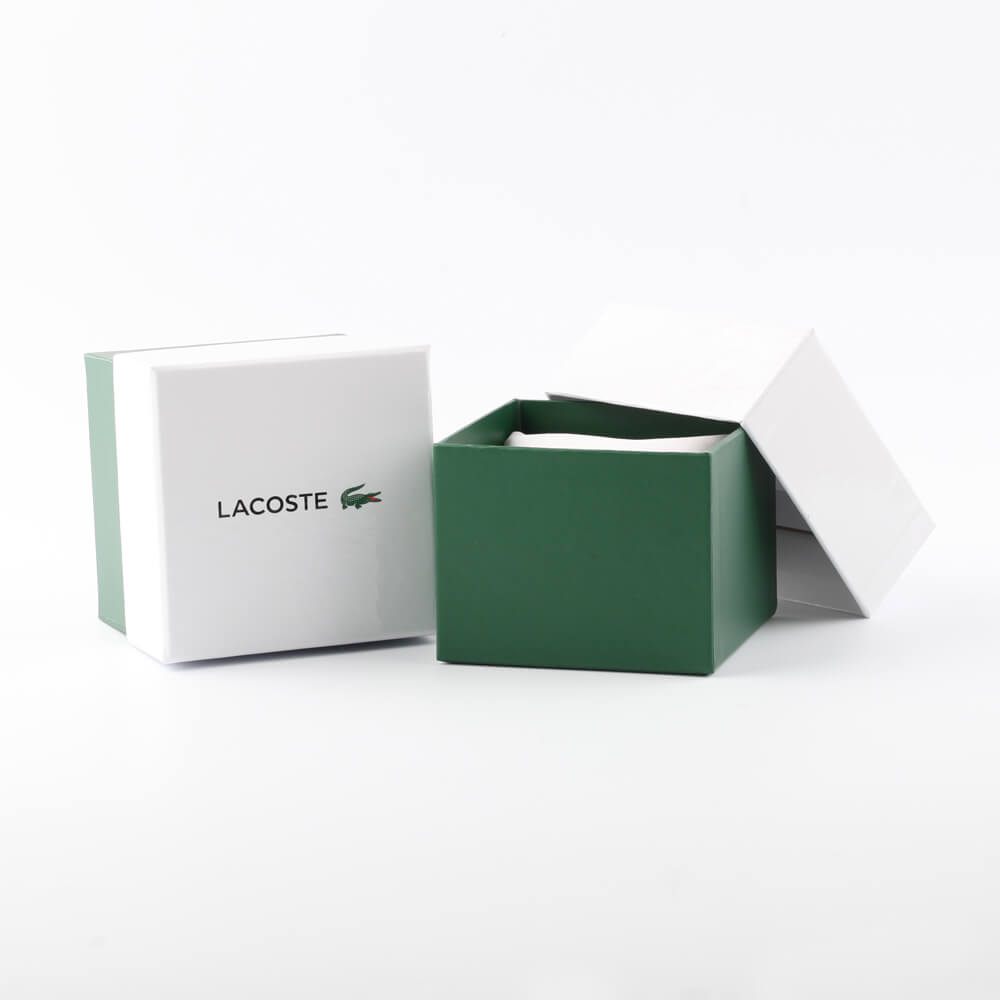 LACOSTE Mod. 2011232 watch packaging showing official green and white box for gent quartz analog timepiece.
