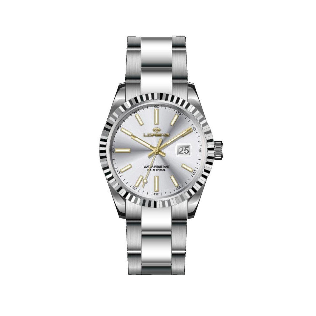 LORENZ MOD. 28190AA women's quartz wristwatch, silver stainless steel, 32mm case, mineral dial, date function, water-resistant 5 ATM.