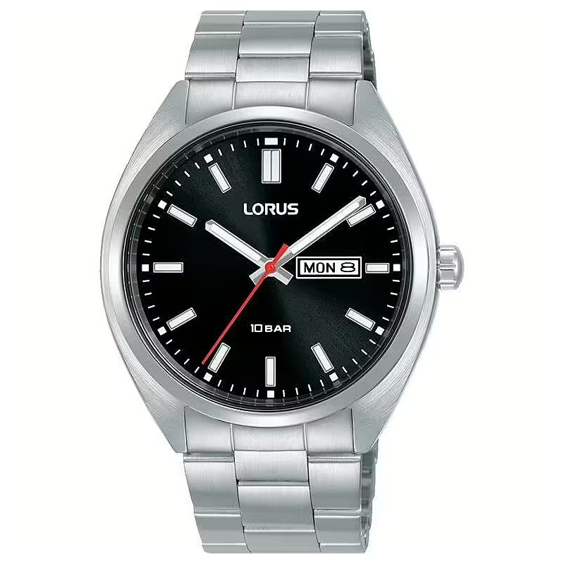 LORUS Mod. RH363AX9 silver watch with black dial and day-date feature, elegant design for men.