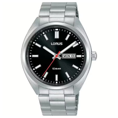 LORUS Mod. RH363AX9 silver watch with black dial and day-date feature, elegant design for men.