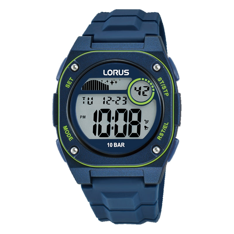 LORUS WATCHES Mod. R2329QX9 - Digital sports watch in blue with water resistance and LED display. Ready stock available.