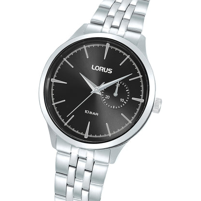 LORUS WATCHES Mod. R5B01AX9 with black dial and stainless steel strap, showcasing elegant design and functionality.