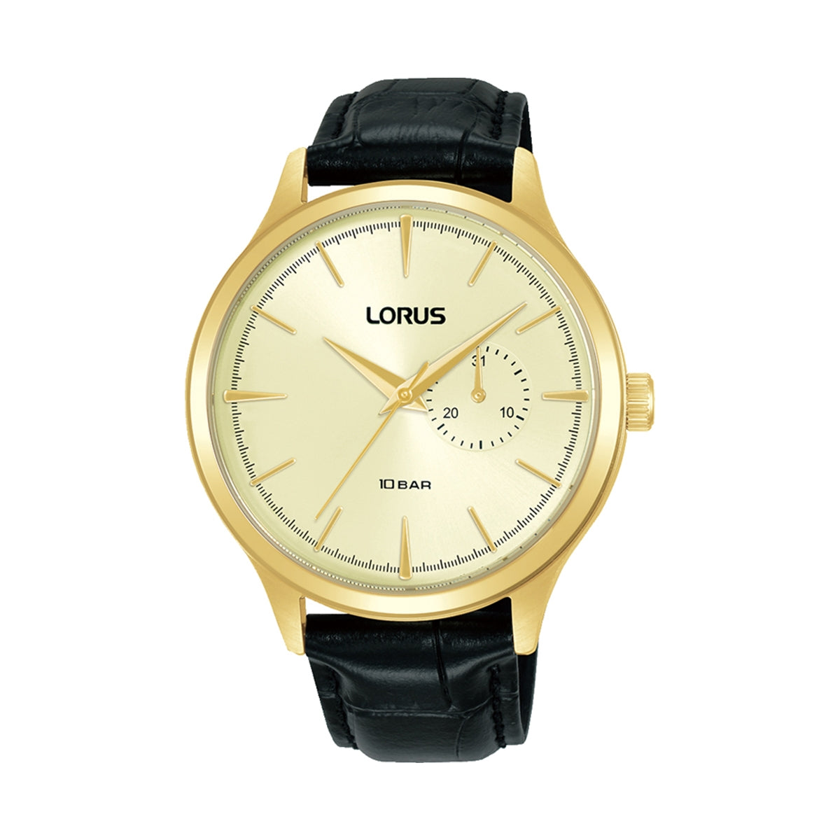 LORUS WATCHES Mod. R5B10AX9 with black leather strap and gold bezel