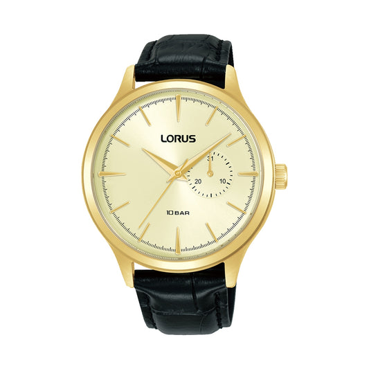 LORUS WATCHES Mod. R5B10AX9 with black leather strap and gold bezel