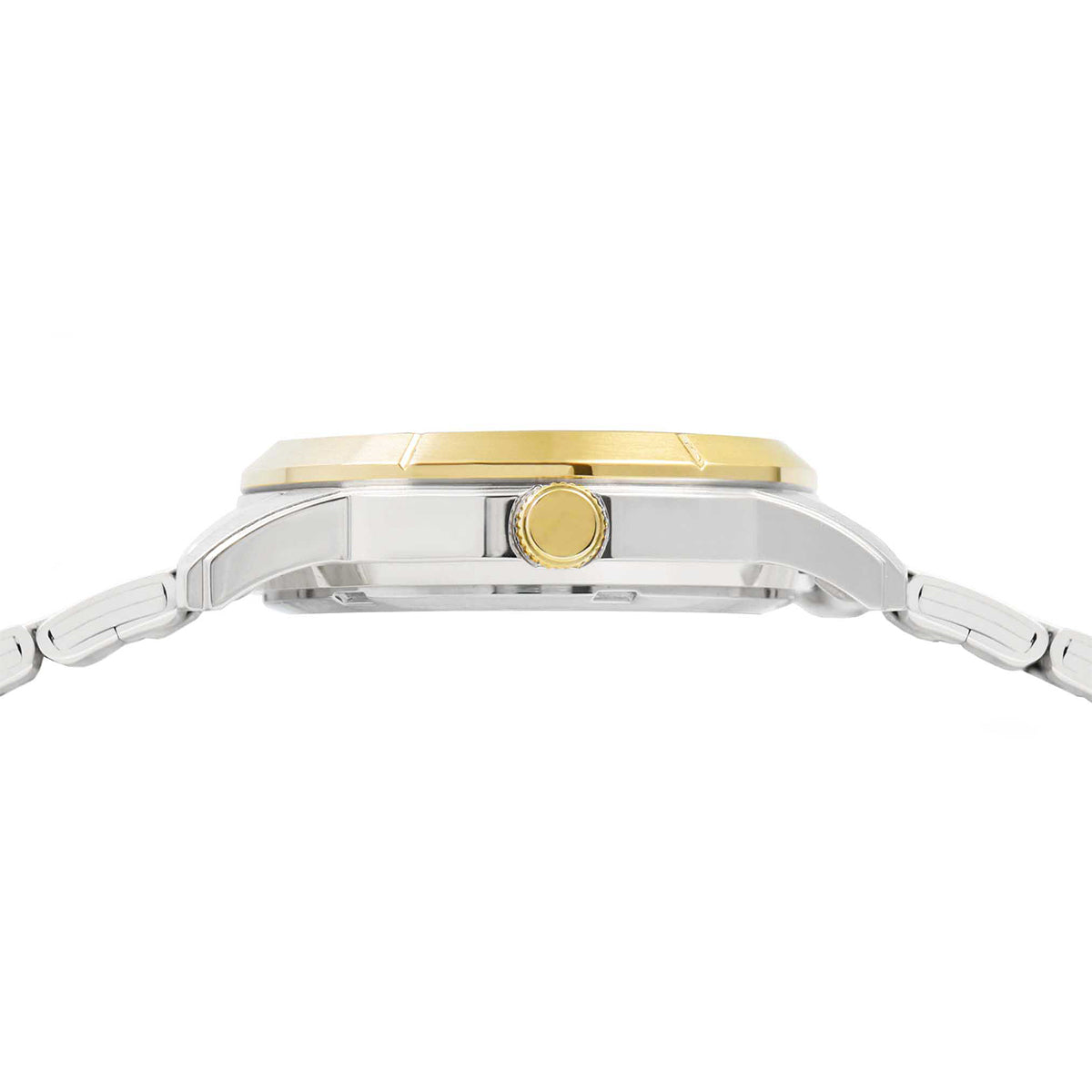 Side view of LORUS WATCHES Mod. RG228YX9 showcasing the gold and silver two-tone design and sleek watch profile.