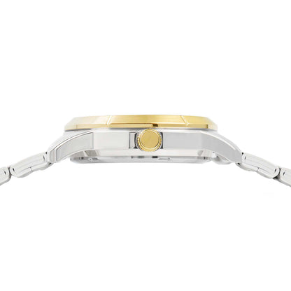 Side view of LORUS WATCHES Mod. RG228YX9 showcasing the gold and silver two-tone design and sleek watch profile.