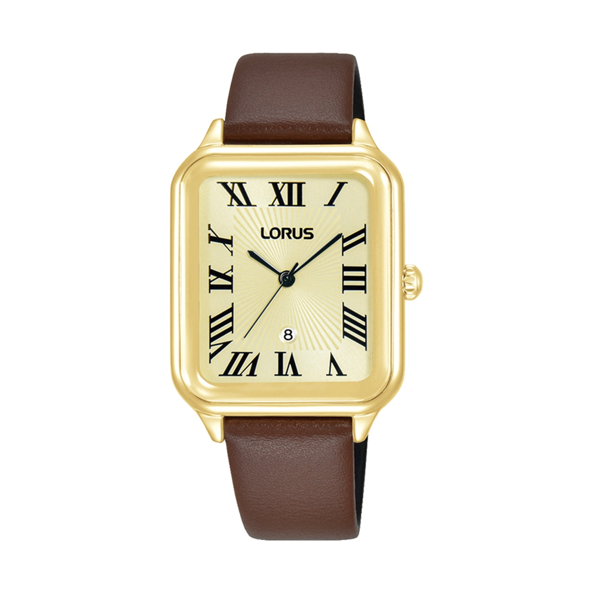 LORUS WATCHES Mod. RH742BX9, elegant gold watch with a brown leather strap and Roman numerals, luxury timepiece.