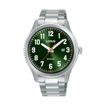 LORUS WATCHES Mod. RH983RX9 with silver band and green dial, stylish men's timepiece, water-resistant watch, modern design