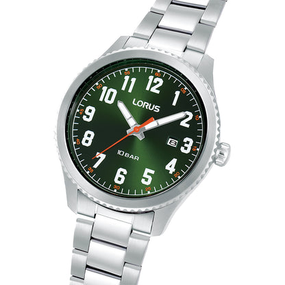 LORUS WATCHES Mod. RH983RX9 with green dial and silver stainless steel bracelet showcasing elegance and precise timekeeping.