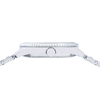 Side profile of LORUS WATCHES Mod. RH983RX9 silver wrist watch case and strap