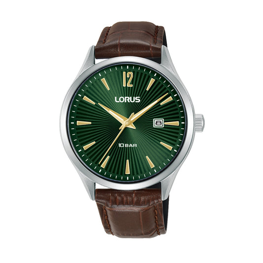 LORUS WATCHES Mod. RH995RX9 with green dial and brown leather strap, stylish and waterproof timepiece.
