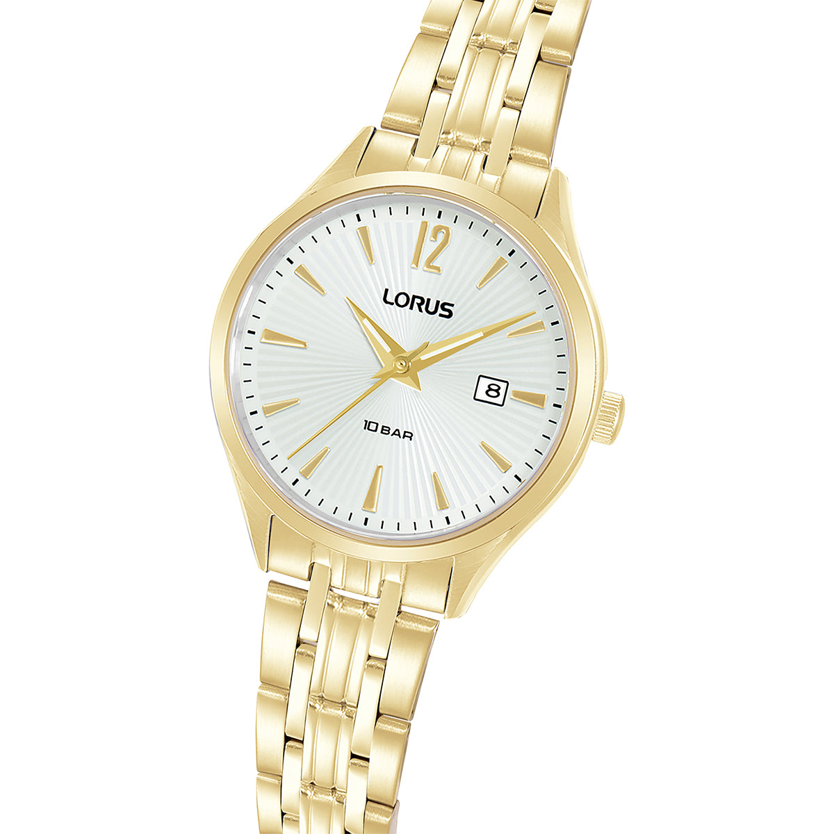 Gold wristwatch LORUS WATCHES Mod. RJ204CX9 with date display on white dial and gold bracelet.