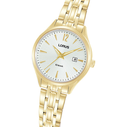 Gold wristwatch LORUS WATCHES Mod. RJ204CX9 with date display on white dial and gold bracelet.