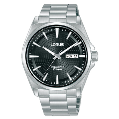 LORUS WATCHES Mod. RL409CX9 stainless steel watch with black dial, featuring day and date display, water-resistant, ready stock.