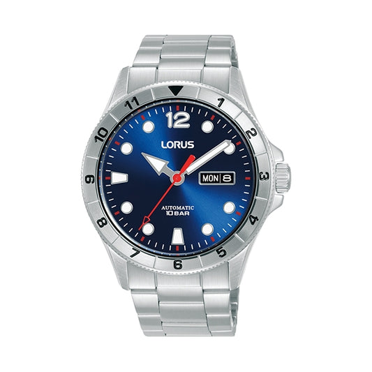 LORUS WATCHES Mod. RL461BX9 with a blue dial, silver bracelet, and day-date display.