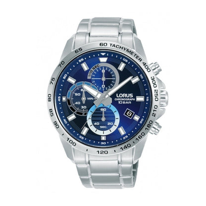 LORUS WATCHES Mod. RM353JX9 with a sleek silver strap and blue chronograph dial, featuring a tachymeter and date display.
