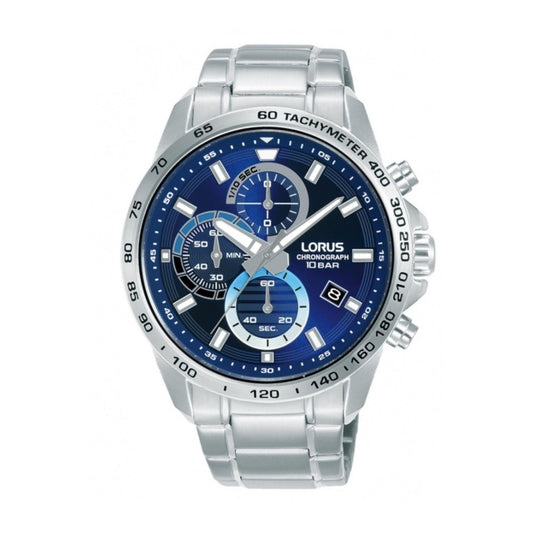 LORUS WATCHES Mod. RM353JX9 with a sleek silver strap and blue chronograph dial, featuring a tachymeter and date display.
