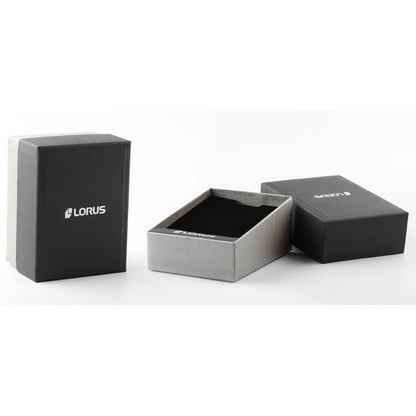 LORUS WATCHES Mod. RM353JX9 packaging box, elegant black and grey design for timepiece storage and presentation