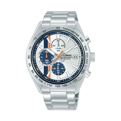 LORUS WATCHES Mod. RM399JX9 with silver stainless steel strap and tachymeter dial, displayed on a white background.